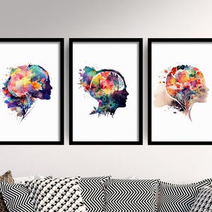 Set of Three Human Brain and Flowers Watercolour Prints - 3 Art Paintings Poster Photo Wall Gift Museum Giclée - Psychological Dream Ideas