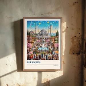 Istanbul Travel Poster - Blue Mosque Folk Art Illustration - Bosphorus and Bazaar Art Print - Simit Cart and Tea Garden Scene 2/3