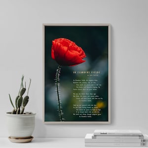 John McCrae Poem - In Flanders Fields - A Single Red Poppy - Poster Original Art Print Photo Wall Home Decor - Poem WW2 WWII War Poetry