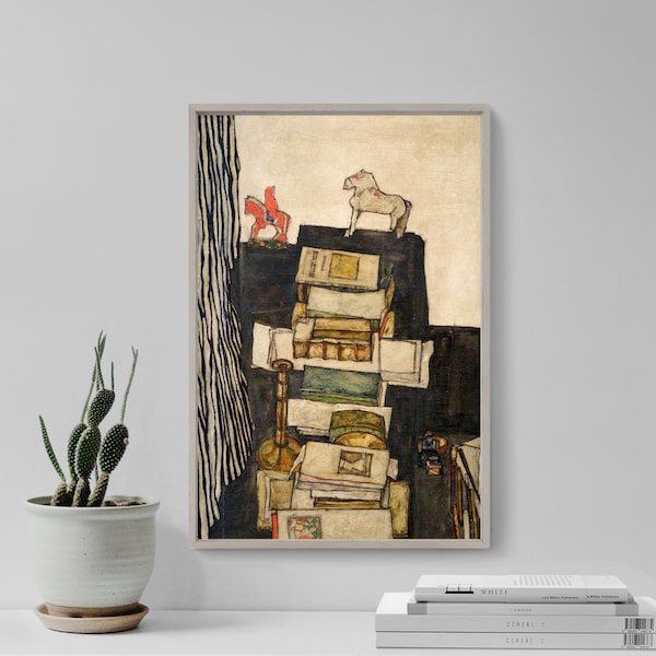Egon Schiele - Schiele's Desk (1914) - Classic Painting Photo Poster Print Art Gift Wall Home Decor - Stack of Books Figurines