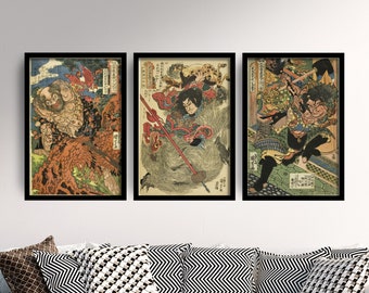 Set of Three Utagawa Kuniyoshi Prints - 3 Japanese Warrior Paintings - Photo Poster Wall Art Gift Giclée - Heroes of The Water Margin