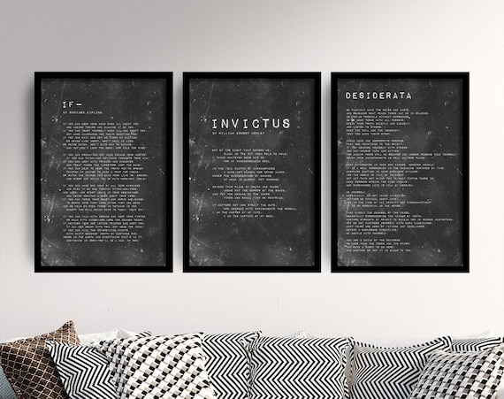 Set of Three Motivational Prints - 3 Poem Posters - Photo Wall Art Gift Museum Quality - Rudyard Kipling If, Invictus, Desiderata Poetry