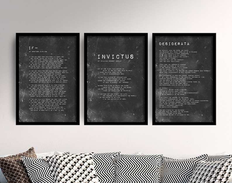 Set of Three Motivational Prints - 3 Poem Posters - Photo Wall Art Gift Museum Quality - Rudyard Kipling If, Invictus, Desiderata Poetry image 1