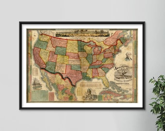 May include: A vintage map of the United States, showing state borders and major cities. The map is titled "American Railroad Map" and includes a key for different railroad lines. The map is printed on aged paper with a faded, antique look.