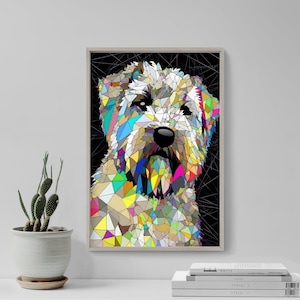 May include: A framed art print depicting a dog's face in a geometric, mosaic style. The artwork uses a variety of colours, including yellow, blue, green, and pink, against a black backdrop. The dog's features are formed by numerous shapes, creating a striking visual effect.