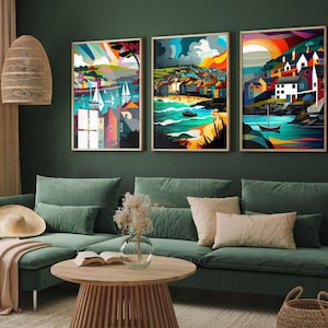 Set of Three Vibrant Cornwall Posters - Falmouth, St. Ives, Port Isaac Art Prints - Colourful Bold Paintings - Set of 3 Home Wall Décor