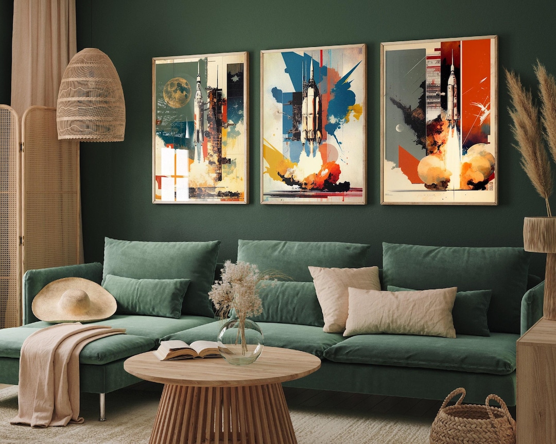 Set of Three Space Rocket Illustrations - 3 Solar System Art Prints ...