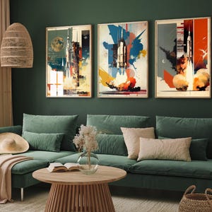 Conjunto de tres ilustraciones de cohetes espaciales - 3 láminas de arte del sistema solar - Póster fotográfico para pared, regalo Giclée - Astronomía, ciencia e ingeniería