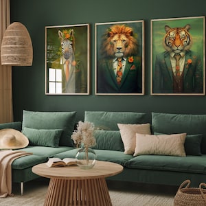 Set of Three Animals Wearing Suits Paintings - 3 Zebra Lion Tiger Art Prints - Photo Poster Wall Gift Giclée Décor Safari Jungle Clothes