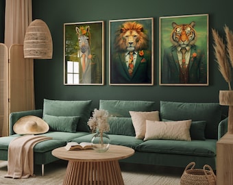 Set of Three Animals Wearing Suits Paintings - 3 Zebra Lion Tiger Art Prints - Photo Poster Wall Gift Giclée Décor Safari Jungle Clothes