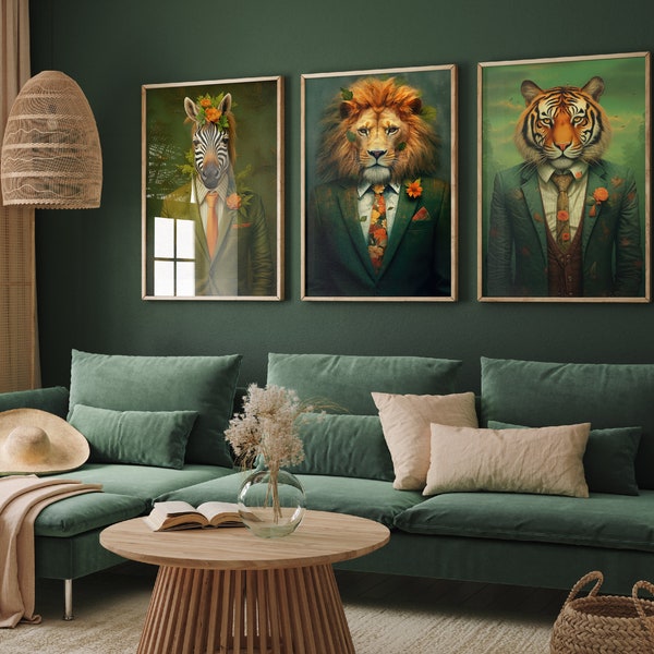 Set of Three Animals Wearing Suits Paintings - 3 Zebra Lion Tiger Art Prints - Photo Poster Wall Gift Giclée Décor Safari Jungle Clothes