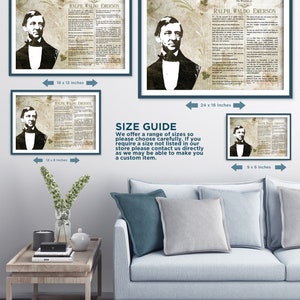 May include: A size guide for a printable art print featuring a portrait of Ralph Waldo Emerson with a quote from his writing. The guide shows the print in four different sizes: 9x6 inches, 12x8 inches, 18x12 inches, and 24x16 inches.