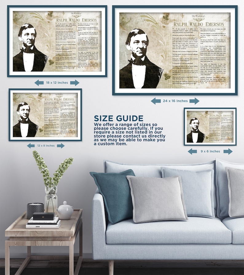 May include: A size guide for a printable art print featuring a portrait of Ralph Waldo Emerson with a quote from his writing. The guide shows the print in four different sizes: 9x6 inches, 12x8 inches, 18x12 inches, and 24x16 inches.