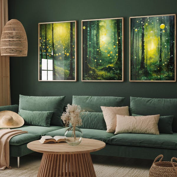 Set of Three Lush Green Forest Paintings - 3 Yellow Light Art Prints - Photo Poster Wall Gift Giclée Nature, Plant Decor, Trees Glade Green