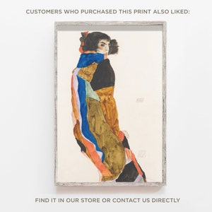 Pu&ograve; includere: Un dipinto ad acquerello di una donna con un vestito colorato. La donna &egrave; in piedi di spalle allo spettatore e con la testa girata di lato. Il dipinto &egrave; realizzato in uno stile che ricorda quello di Egon Schiele.