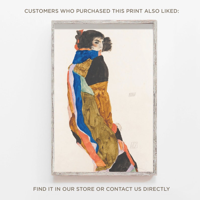 Pu&ograve; includere: Un dipinto ad acquerello di una donna con un vestito colorato. La donna &egrave; in piedi di spalle allo spettatore e con la testa girata di lato. Il dipinto &egrave; realizzato in uno stile che ricorda quello di Egon Schiele.