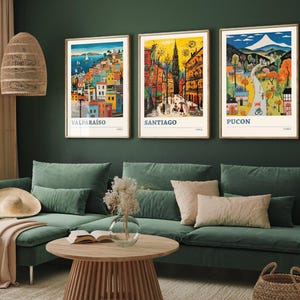 Set of Three Chile Travel Posters - Valparaiso, Santiago, Pucon - 3 Modern Art Prints - Photo Painting Illustration Gift Map Pucón Chilean
