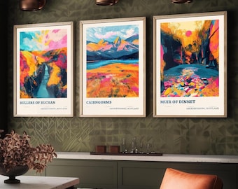 Landmarks of Aberdeenshire Set of Three Art Prints - Bullers of Buchan, Cairngorms, Muir of Dinnet 3 Posters - Watercolour Paintings Gift