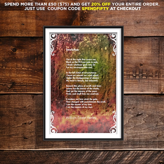 Invictus Poem -  William Ernest Henley - Original Poster Art Print Photo Gift Poetry Facing Death Inspiration Cancer Diagnosis Motivation
