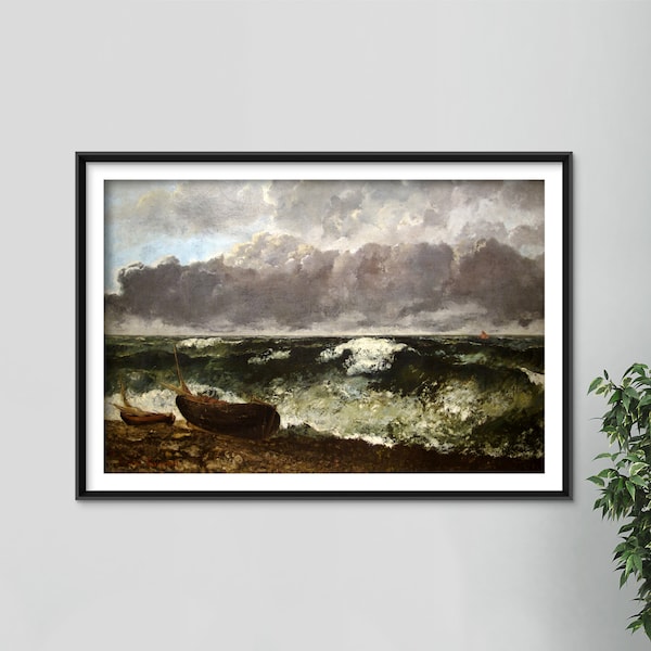 Gustave Courbet - La mer orageuse (1869) - Peinture Photo Poster Print Art Gift Home Décoration murale Giclée - Rocks Eau agitée Ocean Boats
