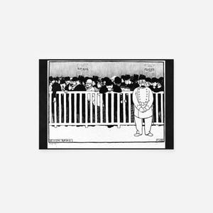 May include: Black and white illustration depicting a crowd of people behind a white picket fence. A uniformed man stands in front of the fence. Signs above the crowd read "RUY BLAS" and "POLYEUCTE".