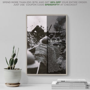 May include: A black and white photo print of soldiers in a trench during wartime. The print features a poem titled "Dulce Et Decorum" by Wilfred Owen.