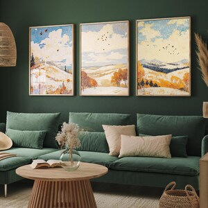 Conjunto de tres pósteres de Pinecone Ondulation Hills - Descarga instantánea - Pintura de paisaje de mariposas de arte popular - Impresión artística JPEG