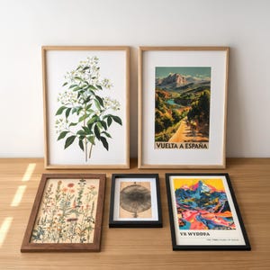 a collection of framed artworks and botanical prints arranged on a wooden surface.