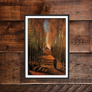 Vincent Van Gogh - Avenida de los álamos en otoño (1884) - Pintura clásica Foto Póster Impresión Arte Regalo Pared Decoración del hogar - Goff Trees Orange