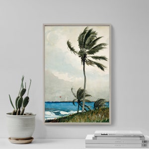 Winslow Homer - Palm Tree, Nassau (1898) - Classic Painting Photo Poster Print Art Gift Wall Home Decor - Ocean Water Waves Beach Tropical