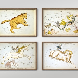 Ensemble de quatre estampes Sidney Hall – 4 peintures classiques – Poster photo, cadeau d'art mural, cartes astrologiques de qualité musée, miroir d'Urania