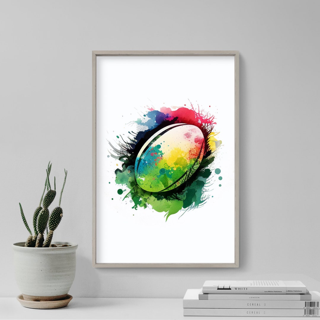Rugby Ball Watercolour Art Print Poster - Colourful Paint Splashes ...