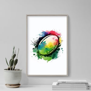 Rugby Ball Watercolour Art Print Poster - Colourful Paint Splashes - Gift Home Wall Décor Giclee - Rugby Game, League, Union, England Wales