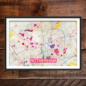 Rotherham Map - Original Art Print (Rainbow) - City Street Map of Rotherham, England - Poster Watercolor Illustration Wall Home Decor Gift