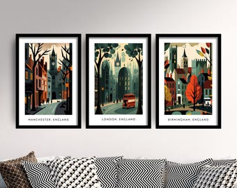 Set of Three Colourful Child Like City Prints - Manchester, London, Birmingham - 3 Paintings Poster Wall Art Gift Giclée - Gallery Map City