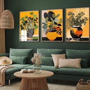 Leafy Plants and Pots with Polka Dots - Set of Three Art Prints - Orange and Yellow Posters - Botanical Home Wall Décor - Leaf Painting