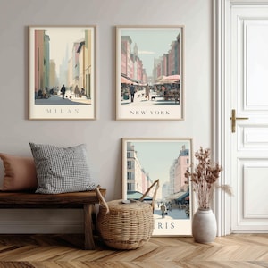 Milan, New York, Paris Set of Three Minimalist Market Posters - 3 Modern Travel Art Prints - Photo Painting Illustration Gift Map Retro
