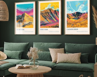 Set of Three Peaks of Wales Travel Posters V4 - Cadair Idris, Yr Wyddfa, Pen y Fan - 3 Art Prints Photo Painting Illustration Gift Visit Map