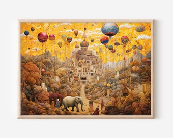 Hot Air Balloon Fantastical Landscape 3 - Art Print Poster Painting - Giclee Home Wall Décor