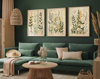 Set of Three Vintage Wildflower Prints - INSTANT DOWNLOAD - Set of 3 Floral Plants - Paintings Poster Art Daisies Botanical - Print JPEG
