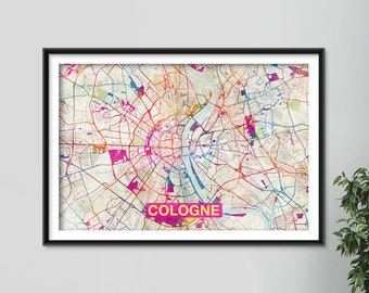 Cologne Map - Original Art Print - City Street Map of Cologne, Germany - Poster Watercolor Illustration Wall Art Home Decor Gift