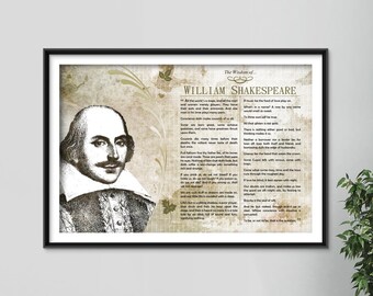 The Wisdom of William Shakespeare - Original Art Print Featuring His Greatest Quotes  - Photo Poster Gift Macbeth Playwright Actor Theatre