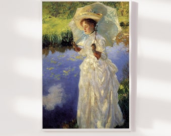 John Singer Sargent - Morning Walk (1888) - Painting Photo Poster Print Art Gift Museum Giclée - Umbrella River Water White Dress Lady Girl