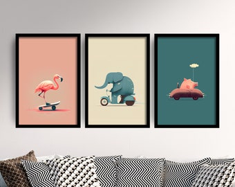 Set of Three Animals in Vehicles Prints - Set of 3 Posters - Photo Wall Art Gift Giclée Museum Quality, Flamingo on Skateboard, Elephant Pig
