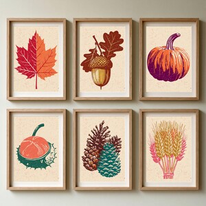 May include: A set of six framed art prints featuring autumn-themed illustrations on a speckled cream background. The prints depict a red and orange maple leaf, an acorn with oak leaves, a pumpkin, a chestnut, pinecones, and a bundle of wheat stalks.