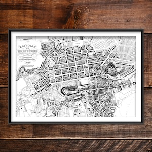 Reproduction d'une carte vintage d'Édimbourg (Royaume-Uni) de 1836 - Poster photo impression cadeau mural WoodBG Decor Art Street Home Old Archive Ecosse