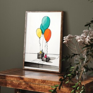 Podium Birthday Balloons Line Drawing 2 - Art Print Poster Painting - Giclee Home Wall Décor