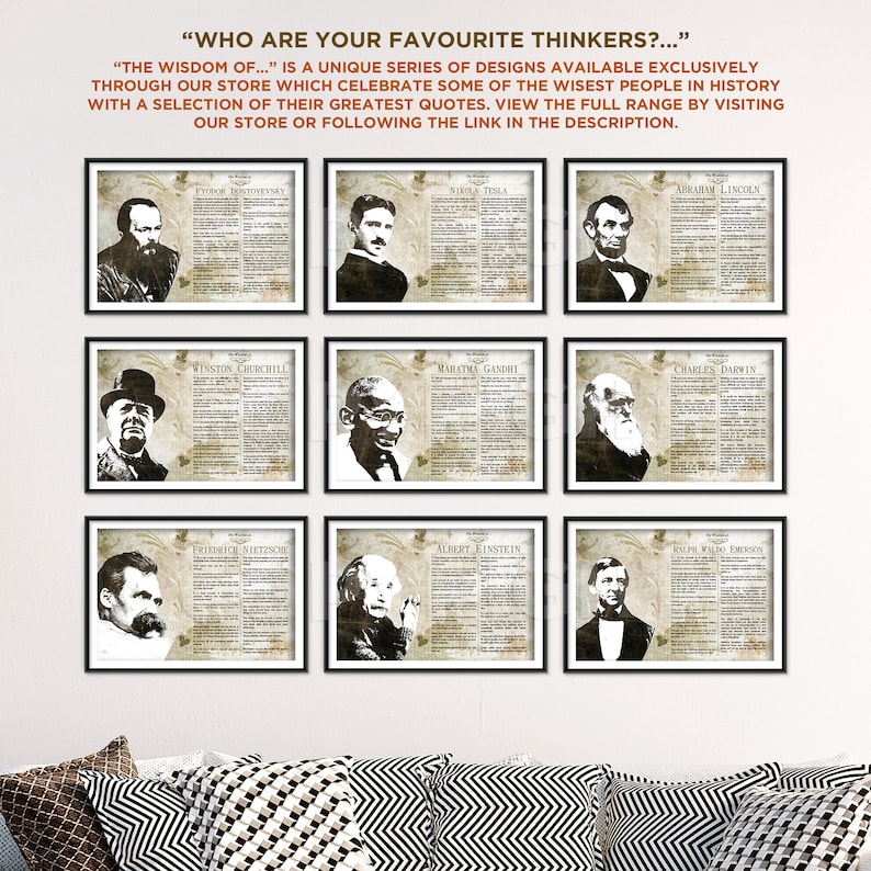 K&ouml;nnte beinhalten: Eine Collage aus neun Schwarzwei&szlig;portr&auml;ts ber&uuml;hmter Denker, darunter Fjodor Dostojewski, Nikola Tesla, Abraham Lincoln, Winston Churchill, Mahatma Gandhi, Charles Darwin, Friedrich Nietzsche, Albert Einstein und Ralph Waldo Emerson. Jedes Portr&auml;t ist von einem schwarzen Rahmen umgeben und vor einem Hintergrund aus alten Zeitungsartikeln platziert. Der Text "WHO ARE YOUR FAVORITE THINKERS? ..." erscheint oben in der Collage.