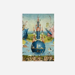May include: A surreal painting depicting a fantastical landscape with a central fountain, a globe, and numerous figures. The fountain is adorned with intricate details and a blue globe sits atop it. The figures are depicted in various poses and appear to be engaged in different activities. The painting is characterized by its vibrant colors and intricate details.