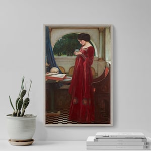John William Waterhouse - The Crystal Ball (1902) - Classic Painting Photo Poster Print Art Gift, Girl in Red Dress, Seeing the Future
